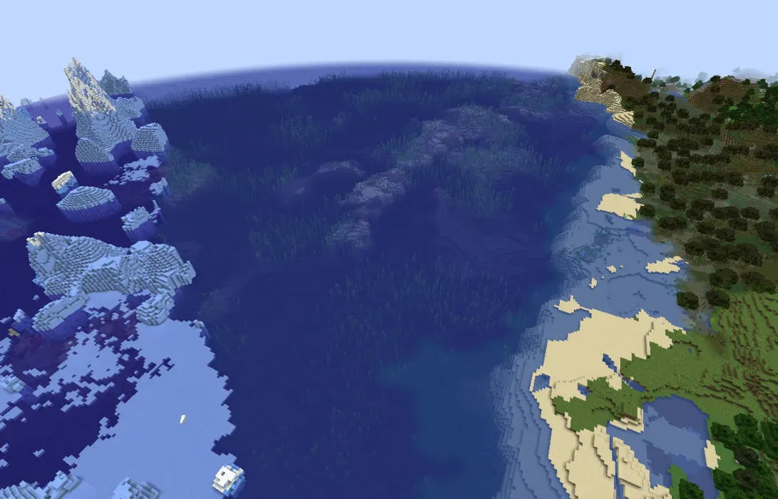 Mundo Minecraft con biomas diversos y cercanos.