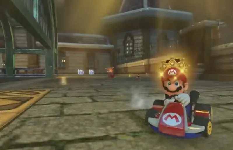 Jogabilidade de Mario Kart Deluxe 8 mostrando corridas de Mario.