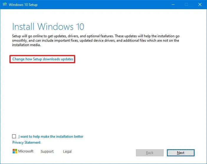 Opzioni di aggiornamento dell'installazione di Windows 10