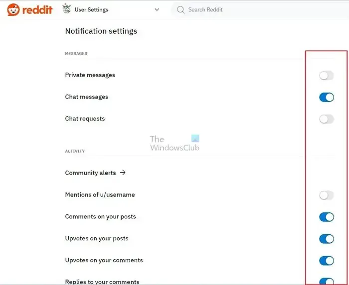 Alterar configurações de notificação do Reddit