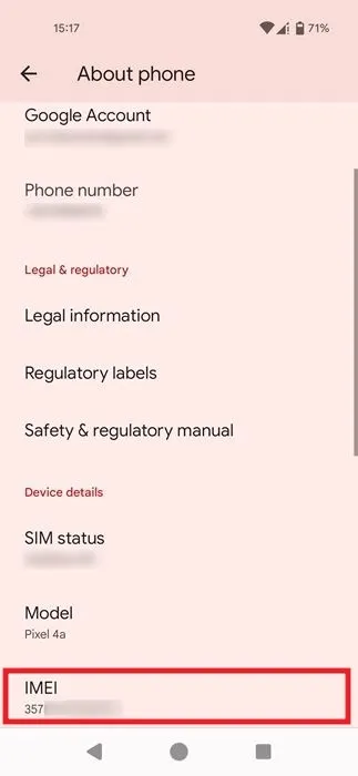Telefoon IMEI-nummer zichtbaar in Android-instellingen.