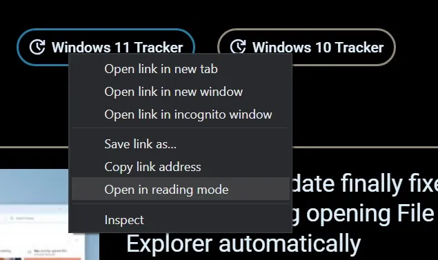 Chrome aberto no menu do botão direito do modo de leitura