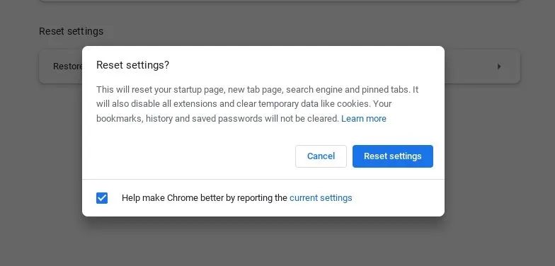 Confirmação de redefinição do Chromebook Chrome