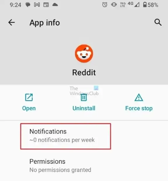 Clique em Notificação do Reddit nas configurações do aplicativo