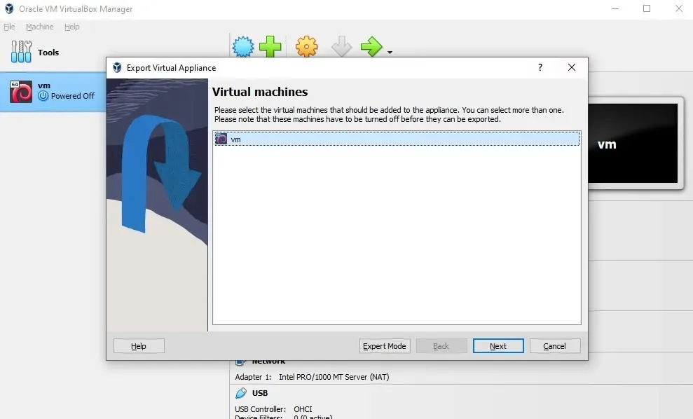 VirtualBox-Assistent zum Exportieren virtueller Maschinen
