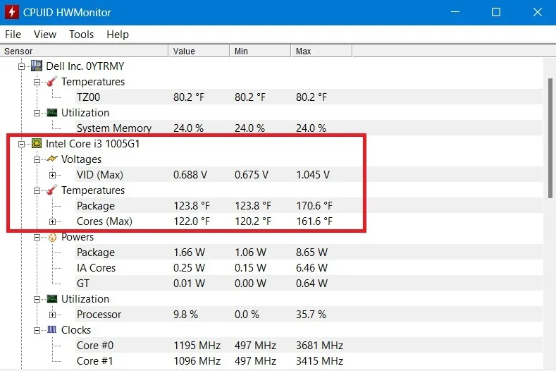 透過 HWInfo 應用程式測量 Windows 戴爾筆記型電腦的 CPU 核心溫度。