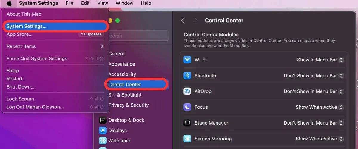 Personalize as configurações do sistema do Mac Desktop Control Center