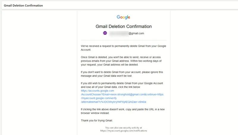 Vista del correo electrónico de confirmación de eliminación de Gmail.