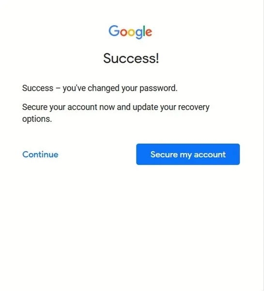 Google/Gmail アカウント回復の成功メッセージ。