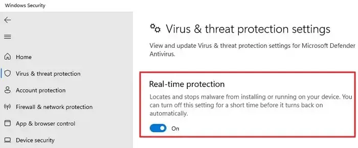 Désactiver la protection en temps réel Windows