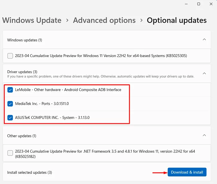 Download en installeer optionele updates onder Instellingen