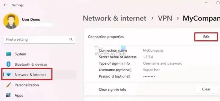 VPN 接続設定の編集ウィンドウ