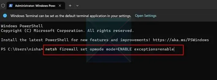 Abilita il componente firewall tramite terminale