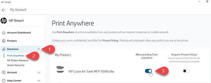 HP Smart で Print Anywhere を有効にする