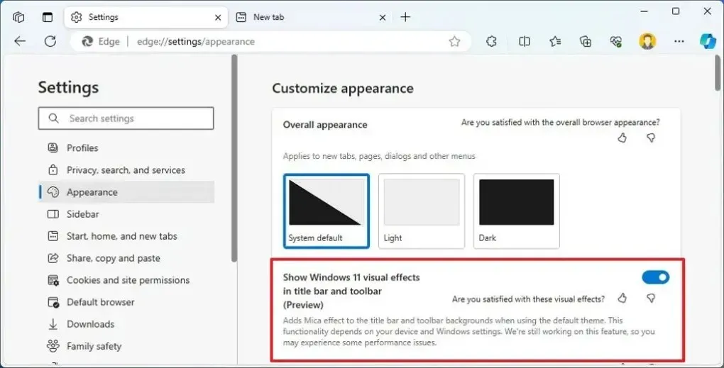 Microsoft Edge による Windows 11 の視覚効果の有効化