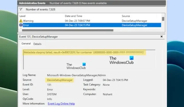 ID evento 131, gestione temporanea dei metadati non riuscita in Windows 11/10