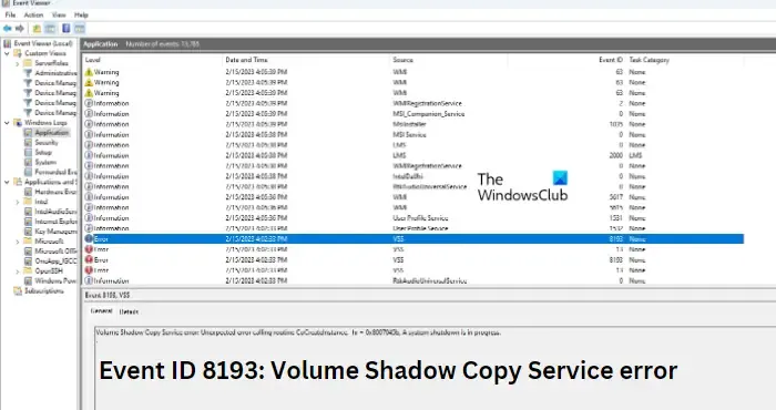 Erro do serviço de cópia de sombra de volume ID de evento 8193