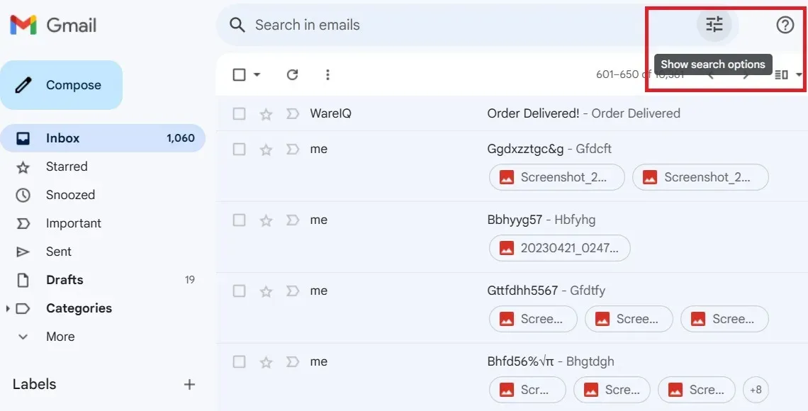 Afficher les options de recherche visibles dans le champ de recherche Gmail.
