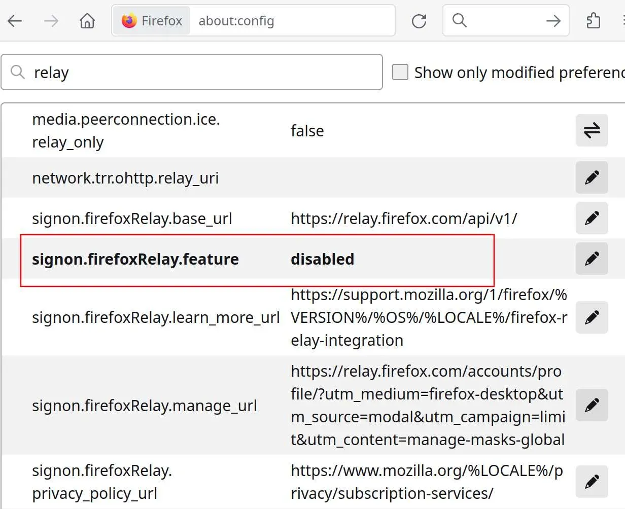 Opção de configuração do Firefox Relay sobre