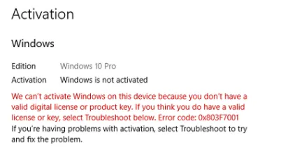 Oplossing: Windows 11/10-activeringsfout mislukt Fout 0x803F7001
