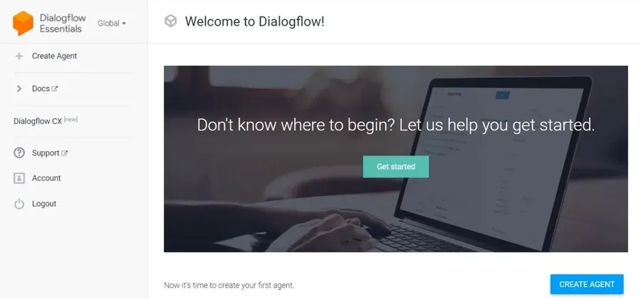 Een nieuwe agent aanmaken in Dialogflow.