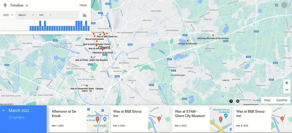 Punti salienti visibili nella visualizzazione Cronologia in Google Maps.