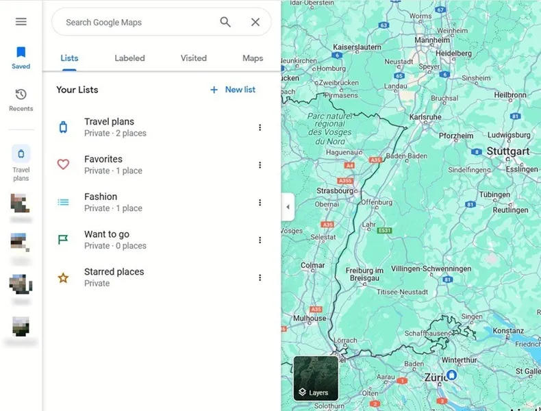 Vérification des listes et des lieux visités dans Google Maps sur ordinateur.