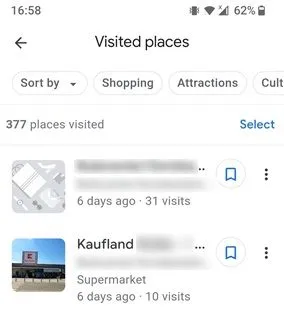 I luoghi visitati più recenti vengono visualizzati nell'app Google Maps.