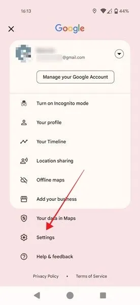 Toccando Impostazioni nel menu di Google Maps.