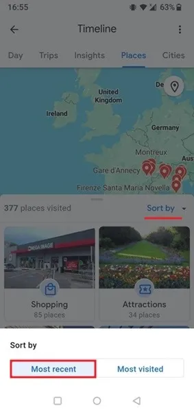 Demander à Google Timeline d'afficher les lieux visités les plus récemment.