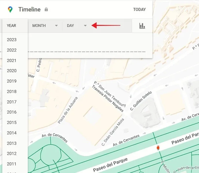 Recherche d'une date dans la fonction Timeline de Google Maps.