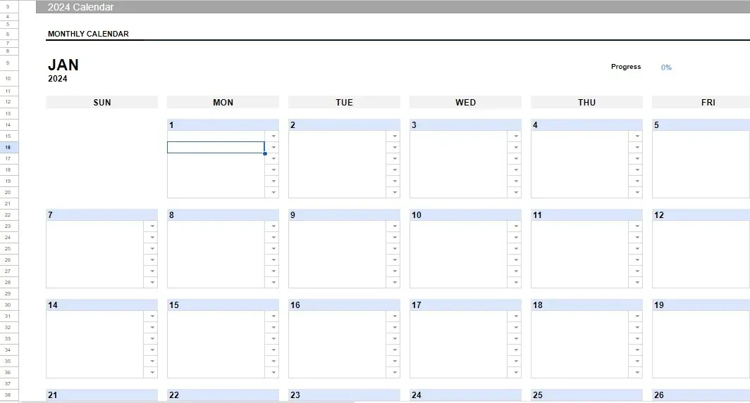 Calendario 2024 di YouExec, che mostra come sia uno dei migliori modelli di calendario di Fogli Google.