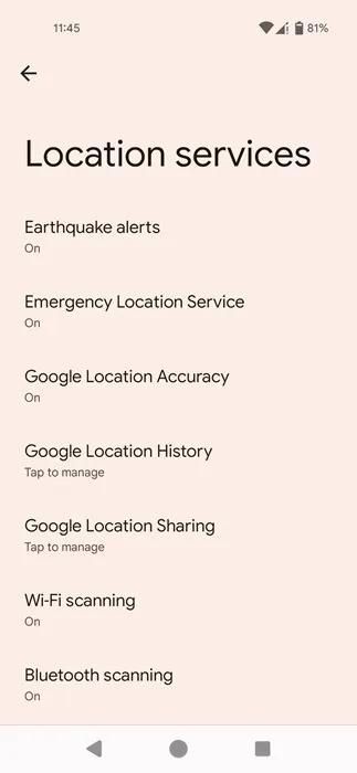 Opzioni dei servizi di localizzazione elencate nelle Impostazioni Android.