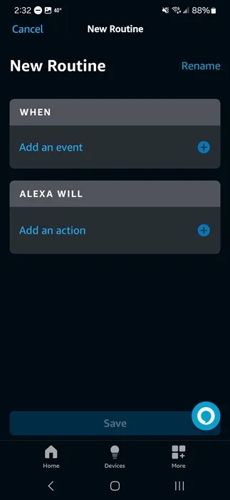 Configuration d'une routine pour afficher un calendrier mural numérique dans l'application Alexa.