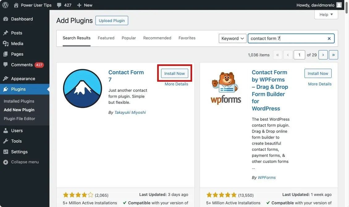 „Kontaktformular 7-Plugin in WordPress installieren“-Schaltfläche hervorgehoben