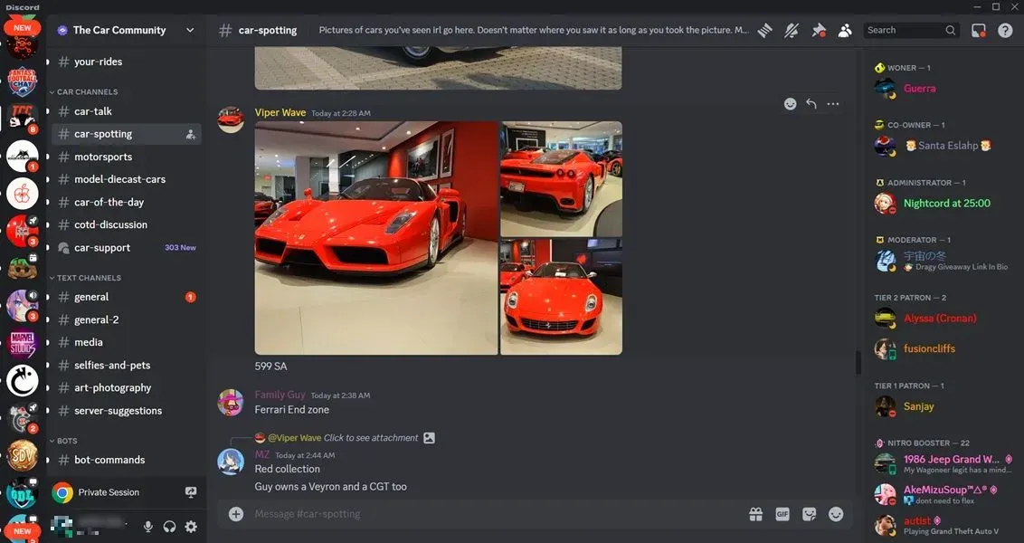La visualizzazione del server Car Community su Discord.