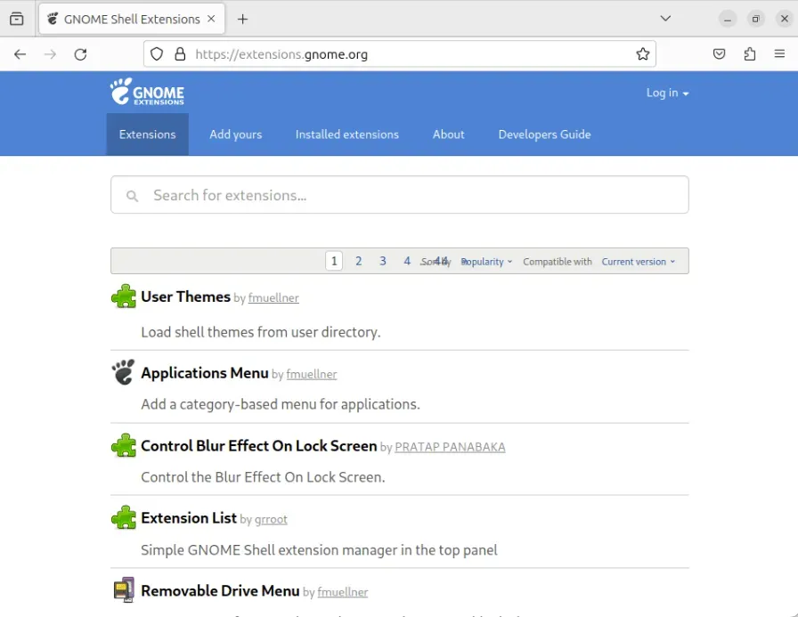 Uno screenshot che mostra il sito Web Gnome Shell Extensions.