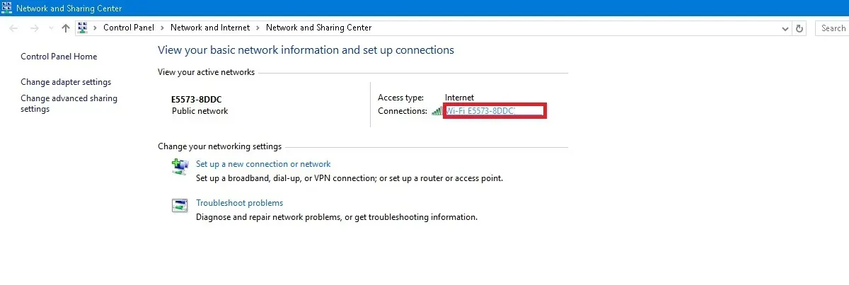 Verbindingen in het Windows10 Netwerk- en deelcentrum leiden naar een pop-upvenster.