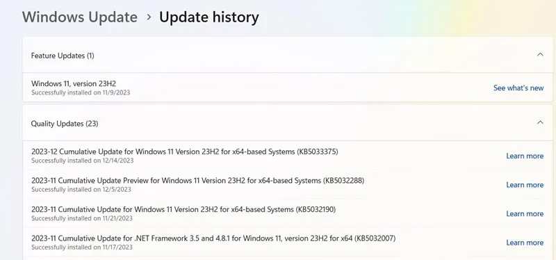 Windows 11 の 2023 年 12 月の更新履歴。