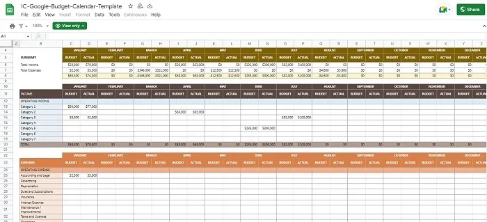 予算カレンダー テンプレートのメイン ページ