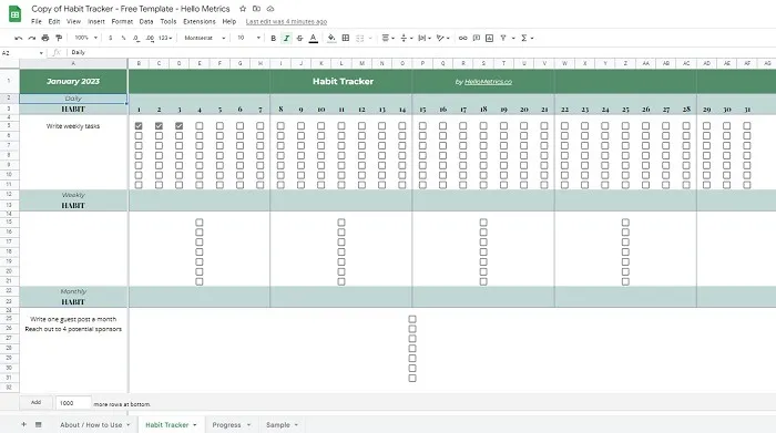Monitoraggio delle abitudini con il modello di calendario Habit Tracker di Fogli Google