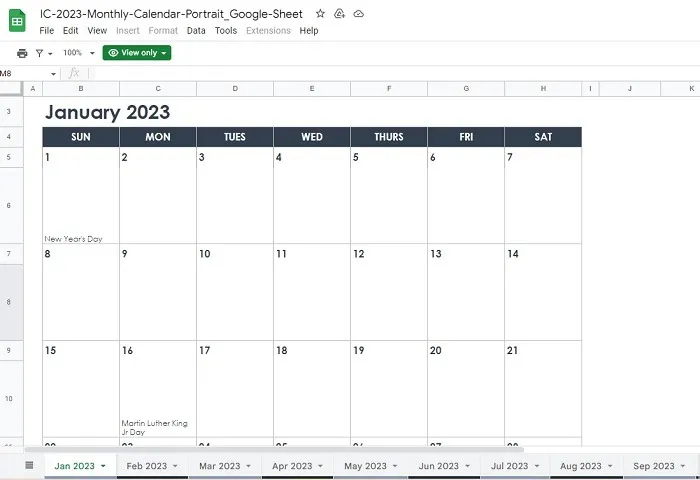 Plantilla de calendario mensual en versión vertical.