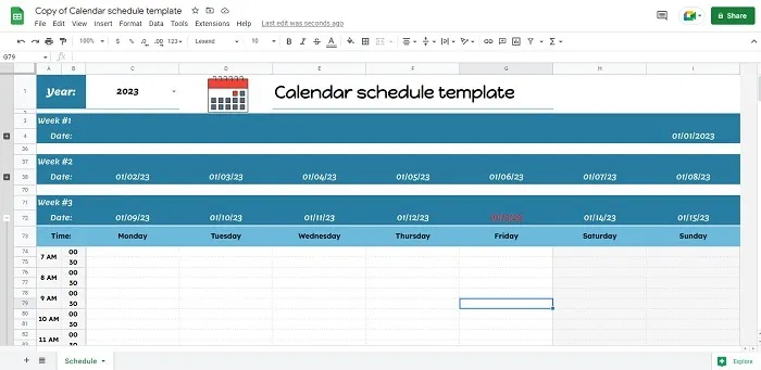 Programación de calendario multicolor, una de las mejores plantillas de calendario de Google Sheets para programación por horas.
