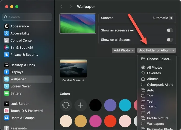 Macos agrega una opción de configuración de carpeta de fondo de pantalla personalizada