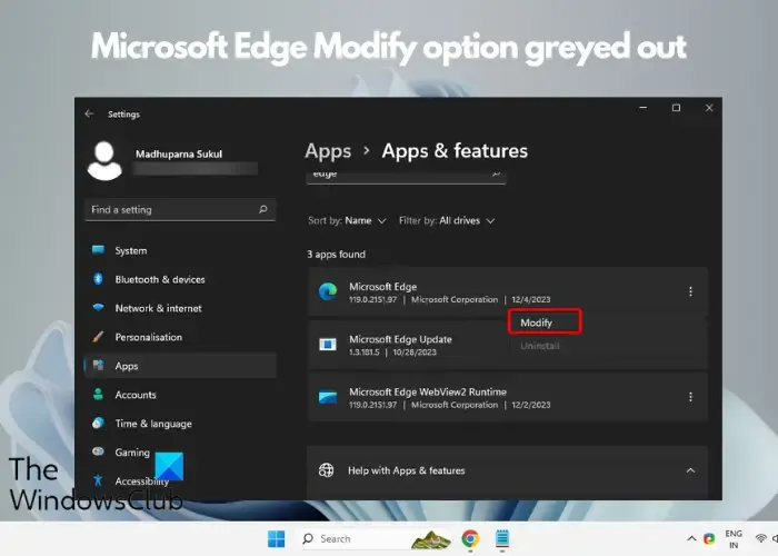 Opção Microsoft Edge Modify esmaecida
