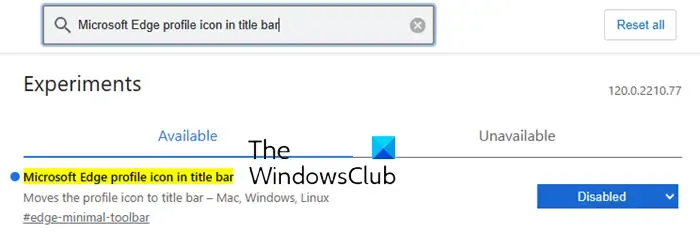 Icona del profilo Microsoft Edge nella barra del titolo