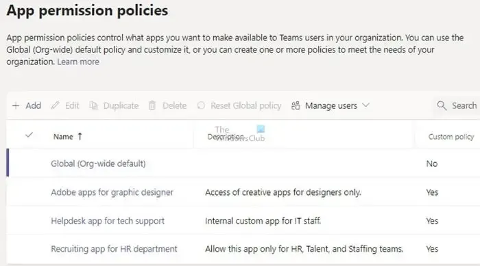 Políticas de permissão de aplicativos do Microsoft Teams