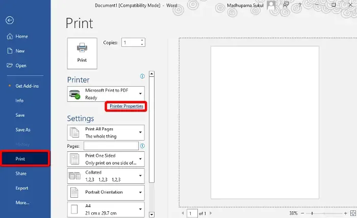 Imprima en blanco y negro en Word Windows 11