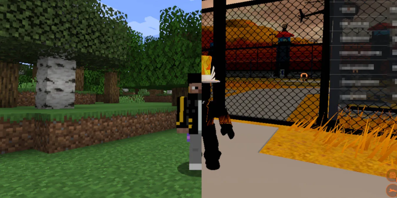 Uma captura de tela de um personagem do Minecraft lado a lado com um personagem do Roblox.