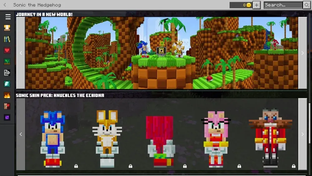 página da loja do mundo Sonic the Hedgehog no Minecraft Bedrock.